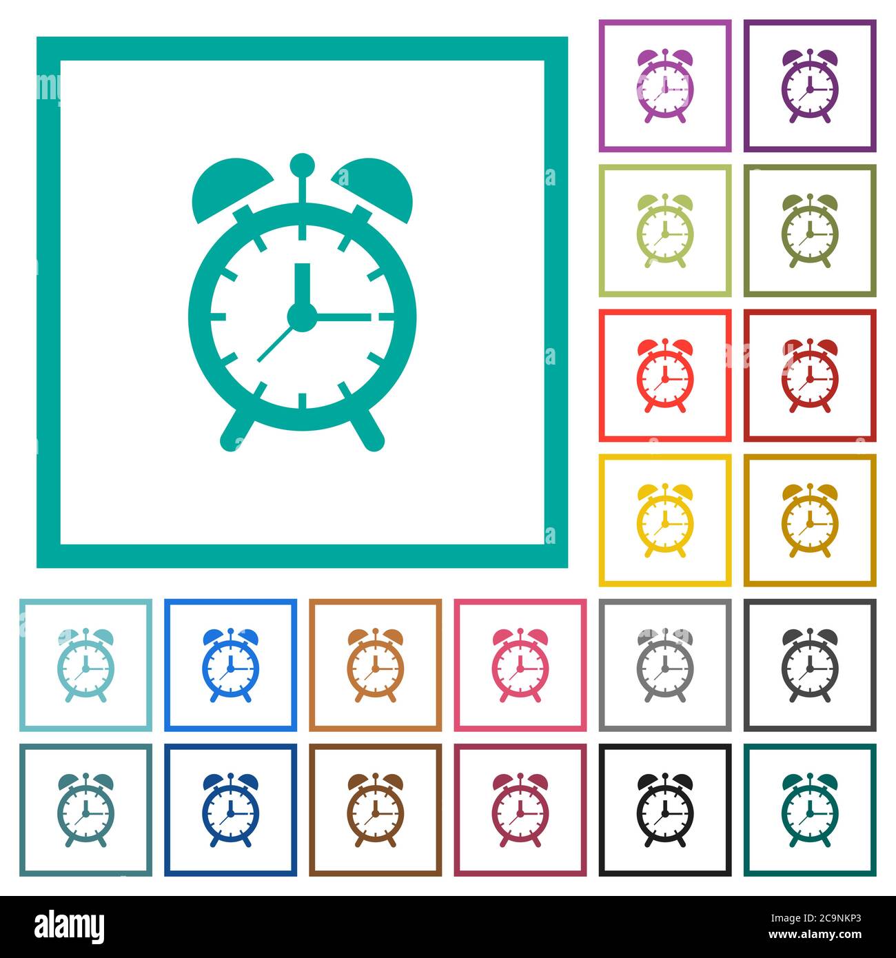 Alarm clock flat color icons with quadrant frames on white background Stock Vector