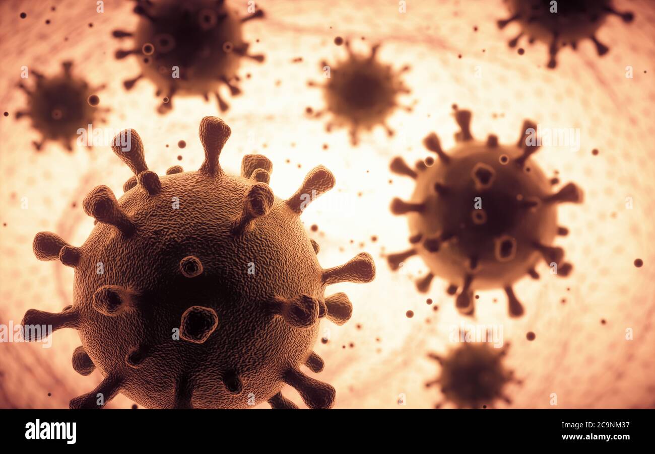 Covid-19, Coronavirus. Several covid-19 viruses infecting the human organism. Concept image of the virus inside human cells. Stock Photo