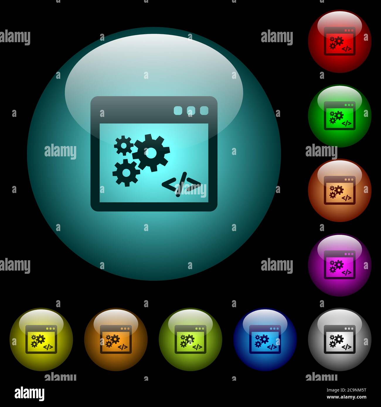Application programming interface icons in color illuminated spherical ...