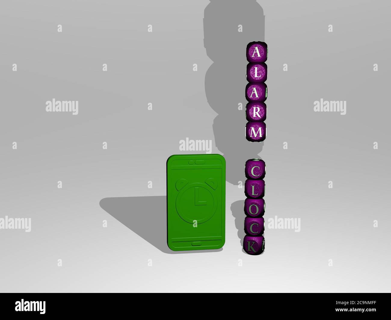 3D illustration of ALARM CLOCK graphics and text around the icon made