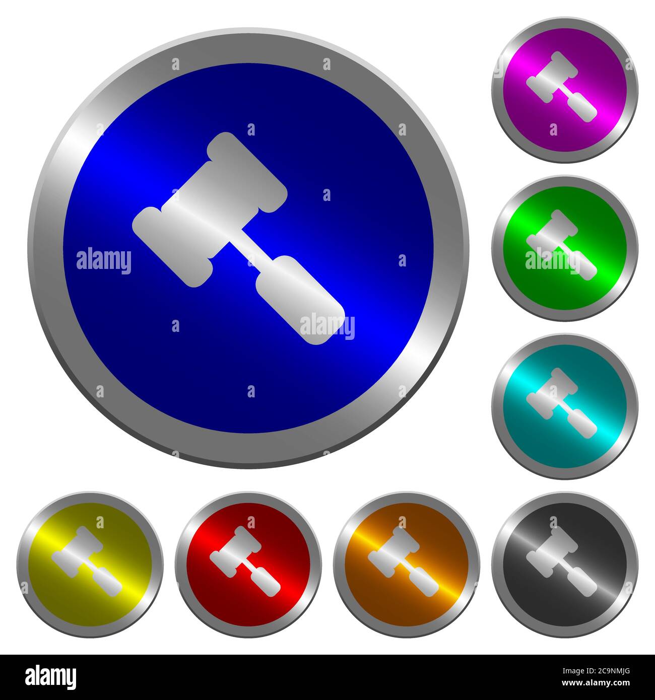 Judge hammer icons on round luminous coin-like color steel buttons ...