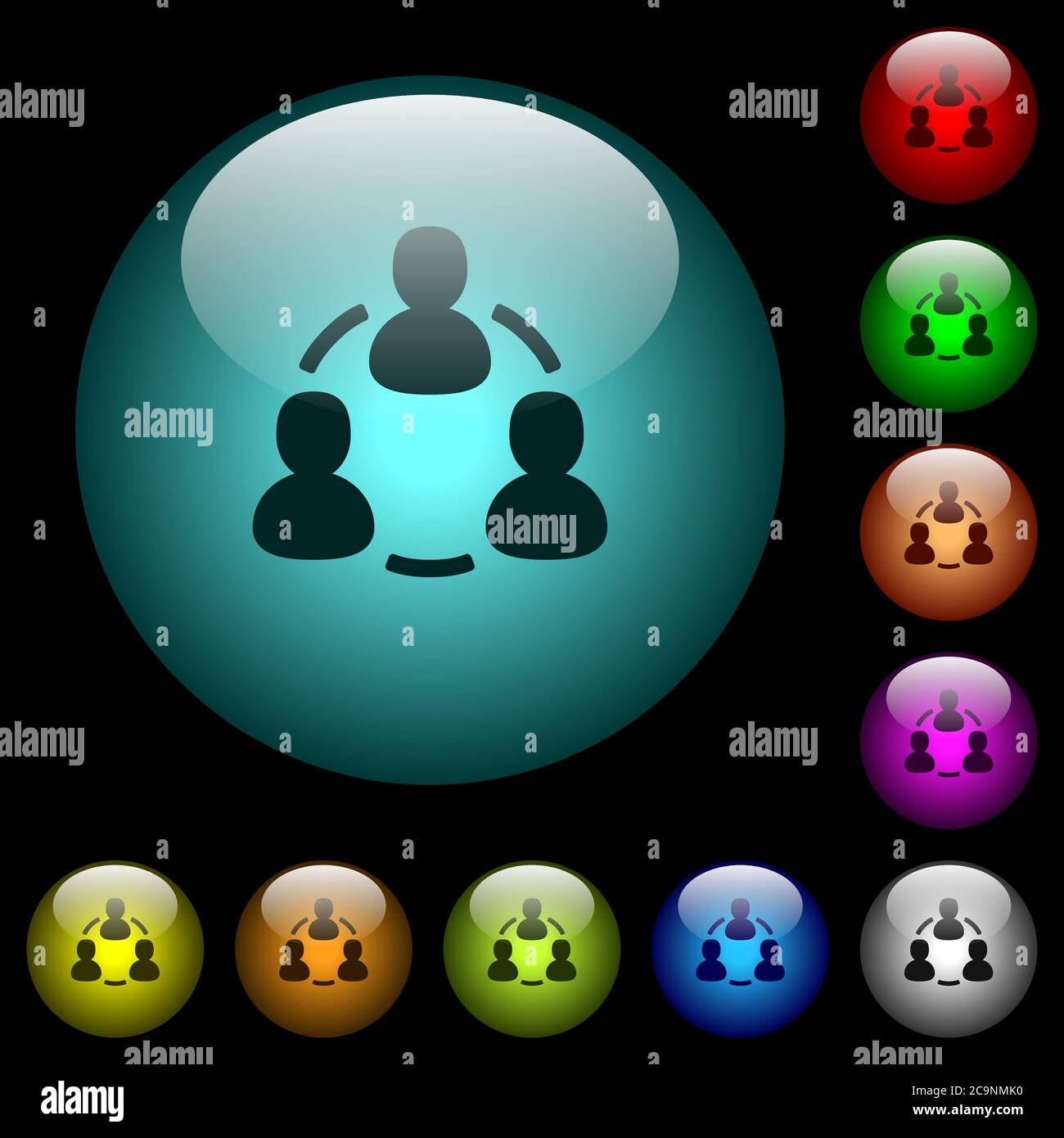 Online users icons in color illuminated spherical glass buttons on ...