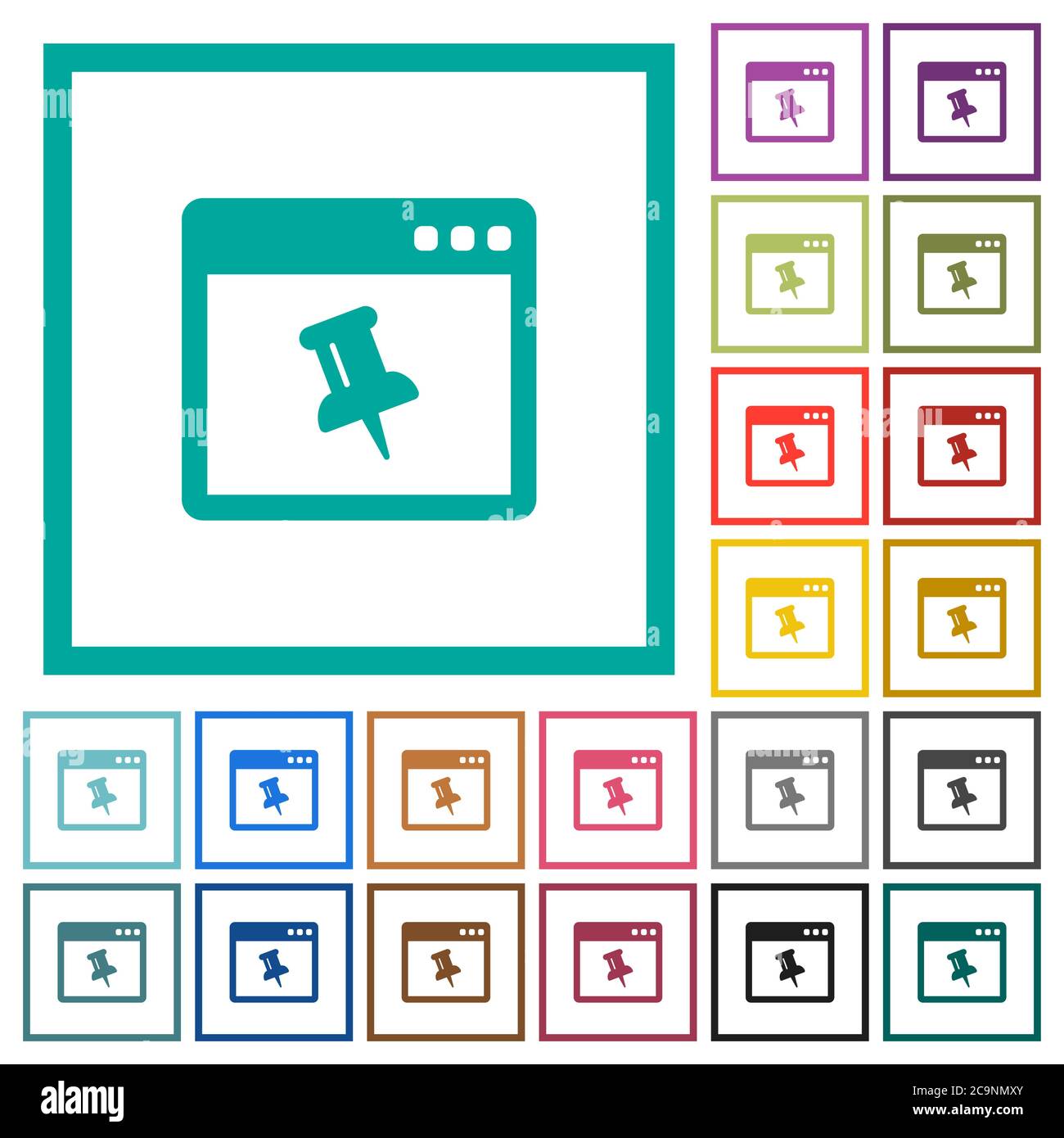 Application pin flat color icons with quadrant frames on white background Stock Vector