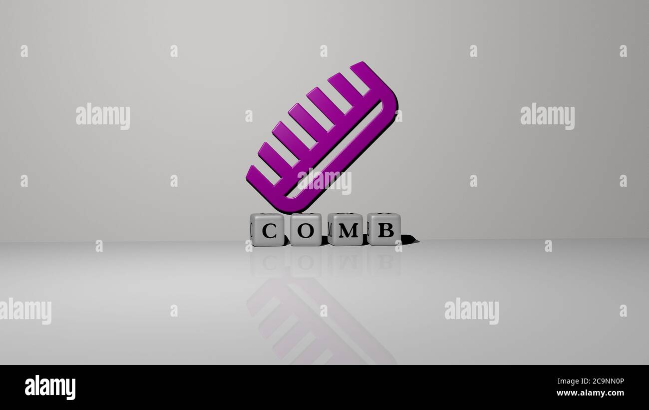3D representation of COMB with icon on the wall and text arranged by metallic cubic letters on a mirror floor for concept meaning and slideshow presentation. background and hair Stock Photo - 3D representation of COMB with icon on the wall and text arranged by metallic cubic letters on a mirror floor for concept meaning and slideshow presentation. background and hair Stock Photo -
