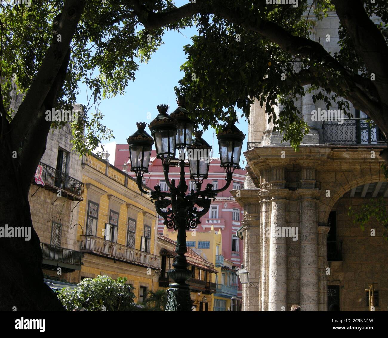 Antique gas streetl lights surronded by beautiful buildings in the old section of Havana Cuba Stock Photo
