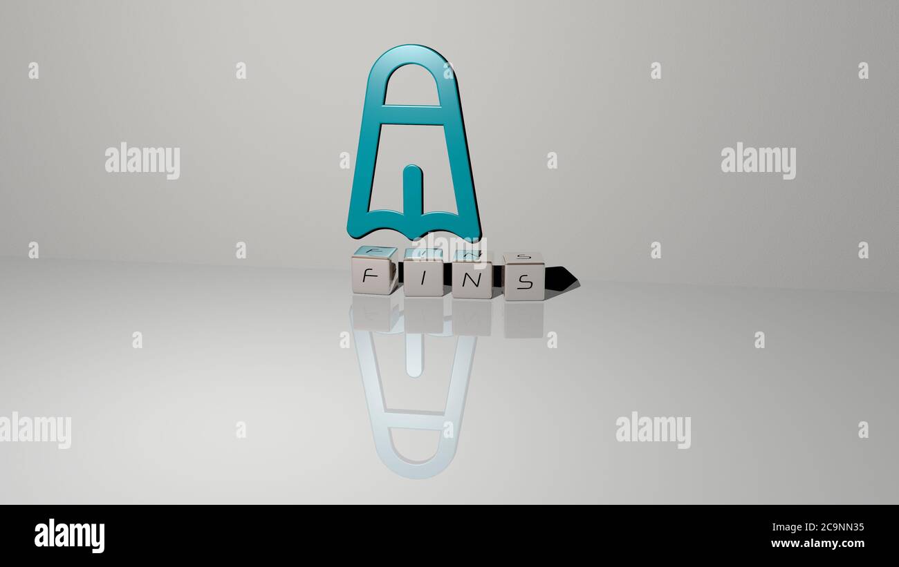 3D illustration of fins graphics and text made by metallic dice letters ...