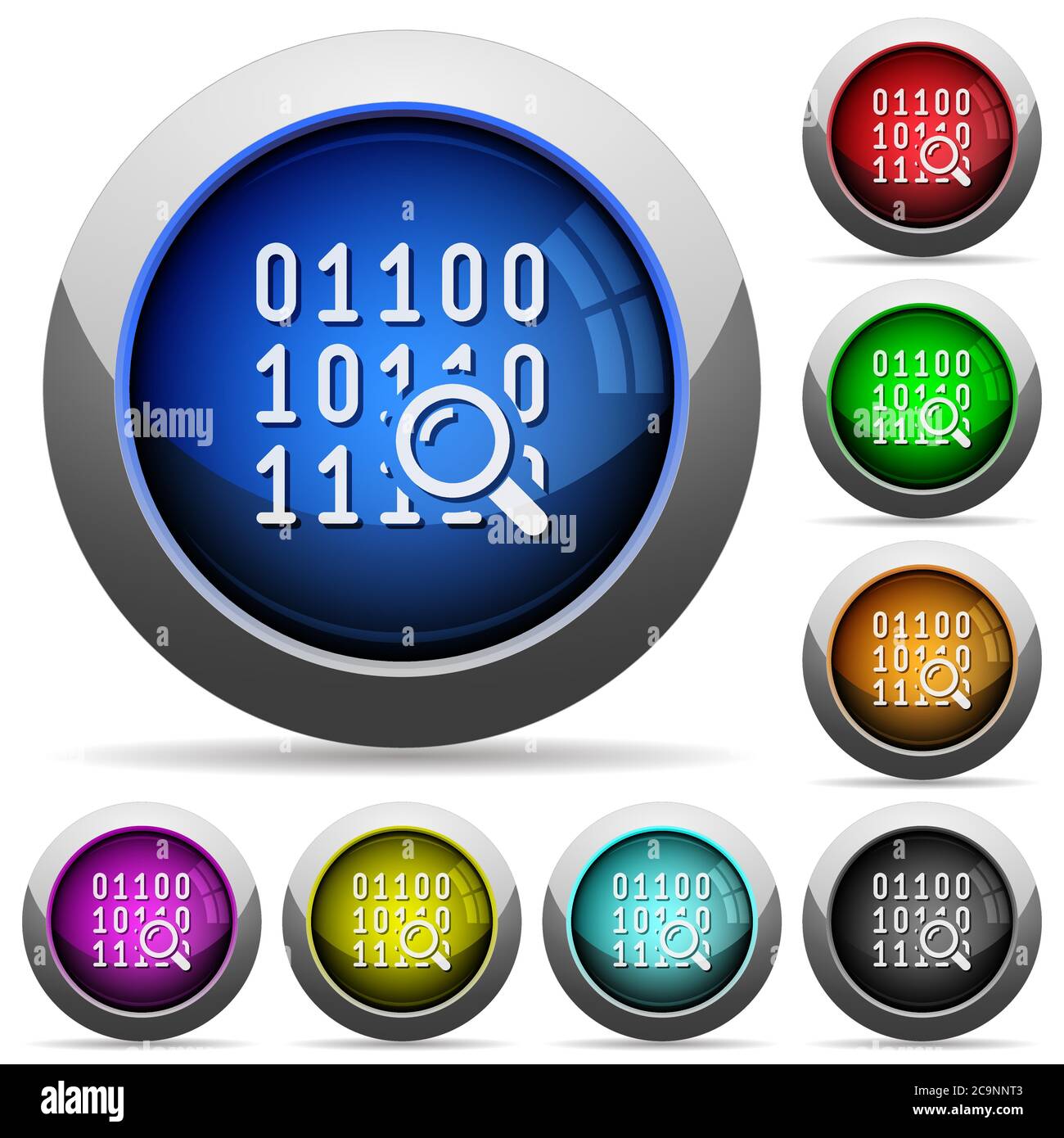Code analysis icons in round glossy buttons with steel frames Stock Vector