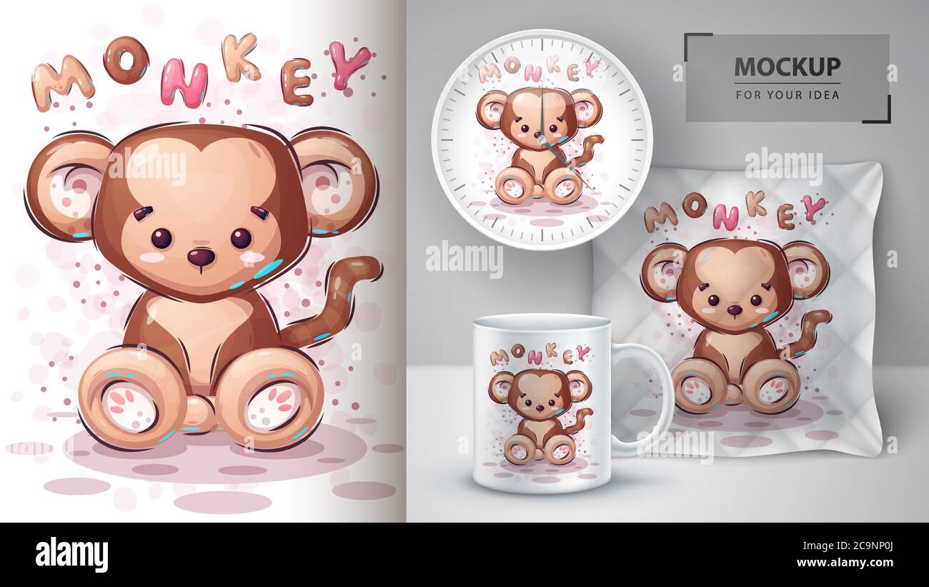 Cute monkey poster and merchandising. Stock Vector