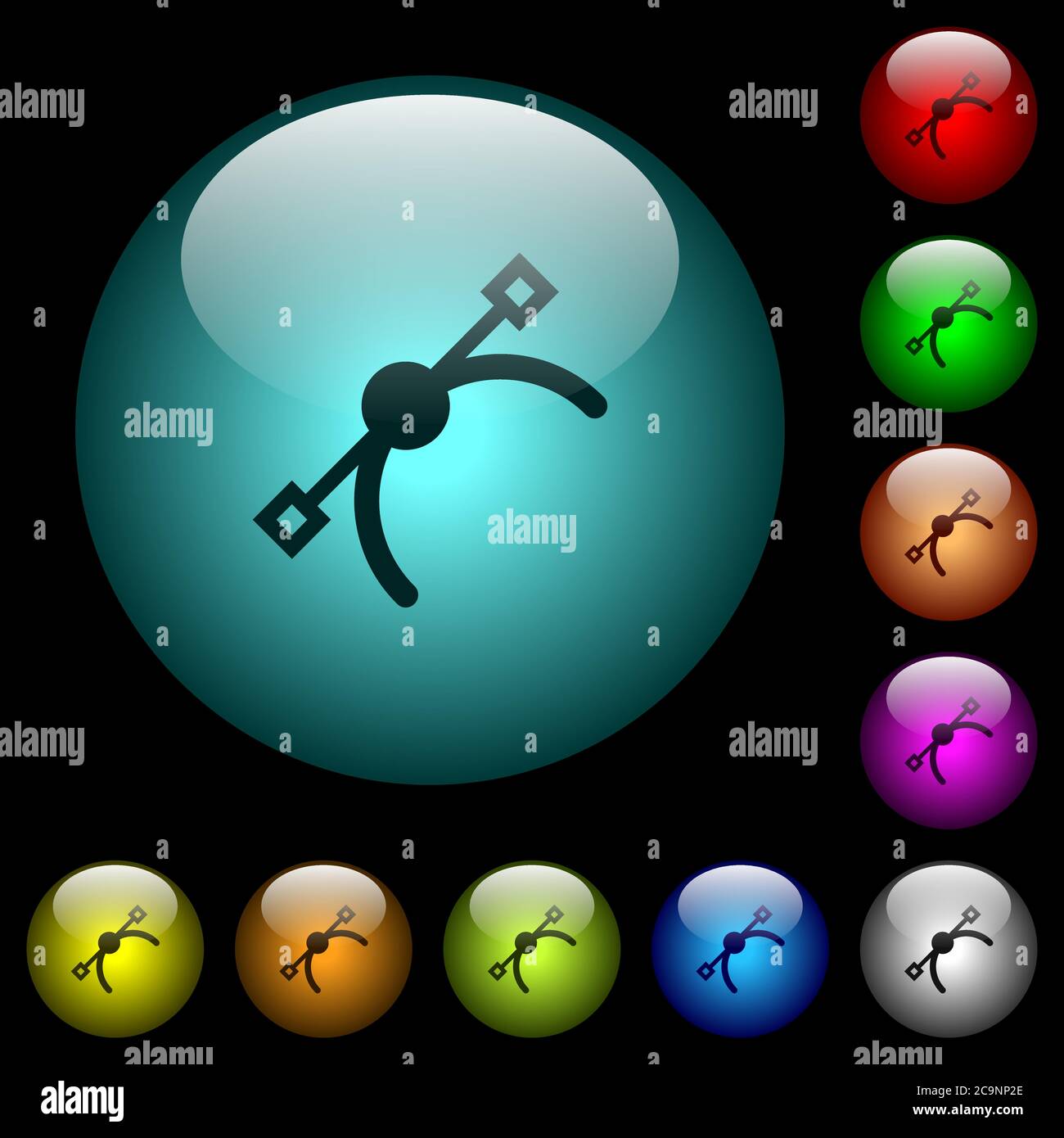 Vector symbol icons in color illuminated spherical glass buttons on ...