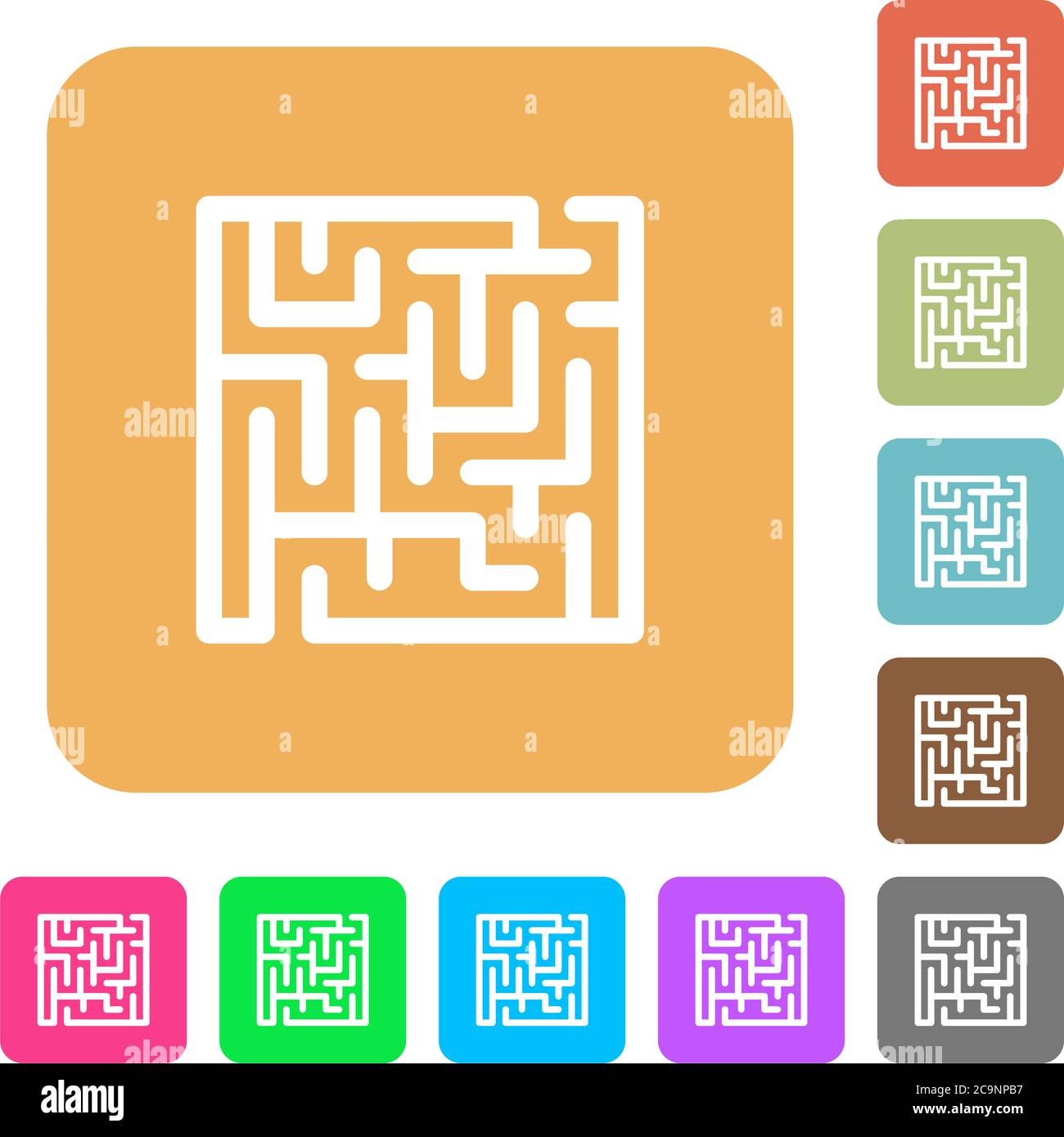 Labyrinth flat icons on rounded square vivid color backgrounds Stock ...