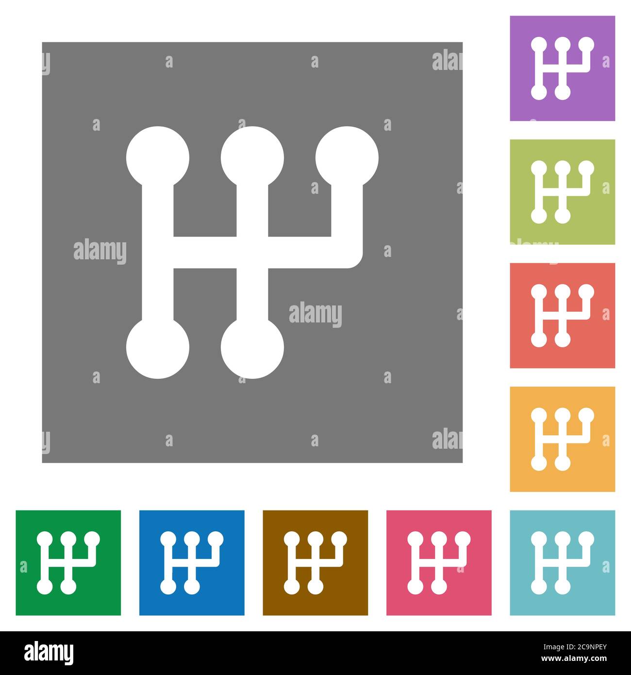 Manual shift flat icons on simple color square backgrounds Stock Vector