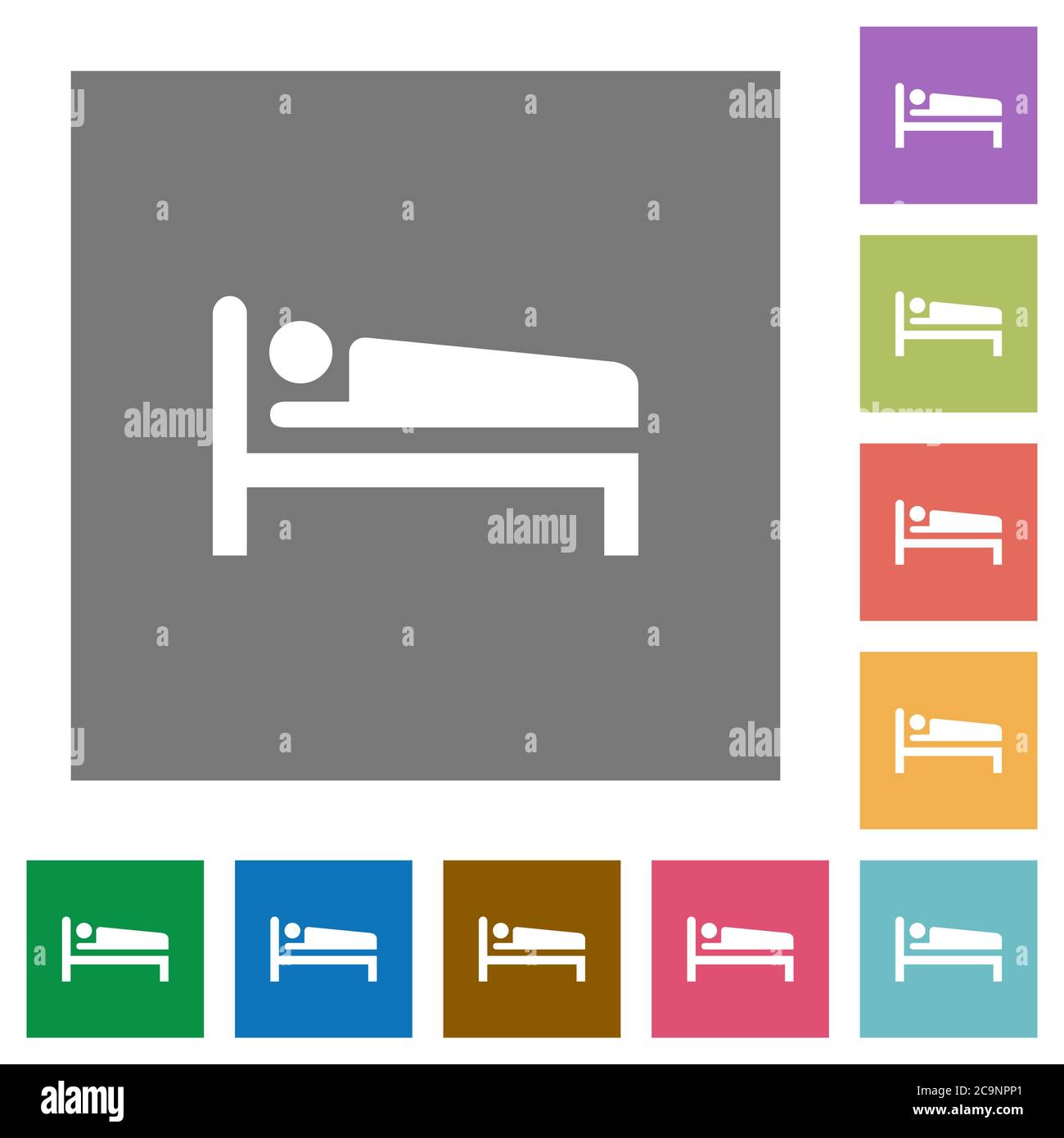 Sleeping man flat icons on simple color square backgrounds Stock Vector