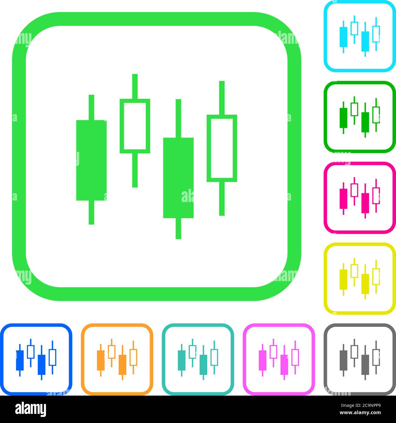 Candlestick chart vivid colored flat icons in curved borders on white ...