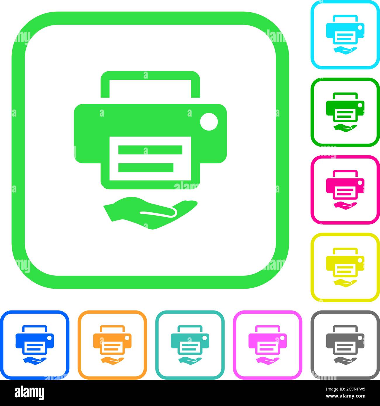Shared printer vivid colored flat icons in curved borders on white background Stock Vector