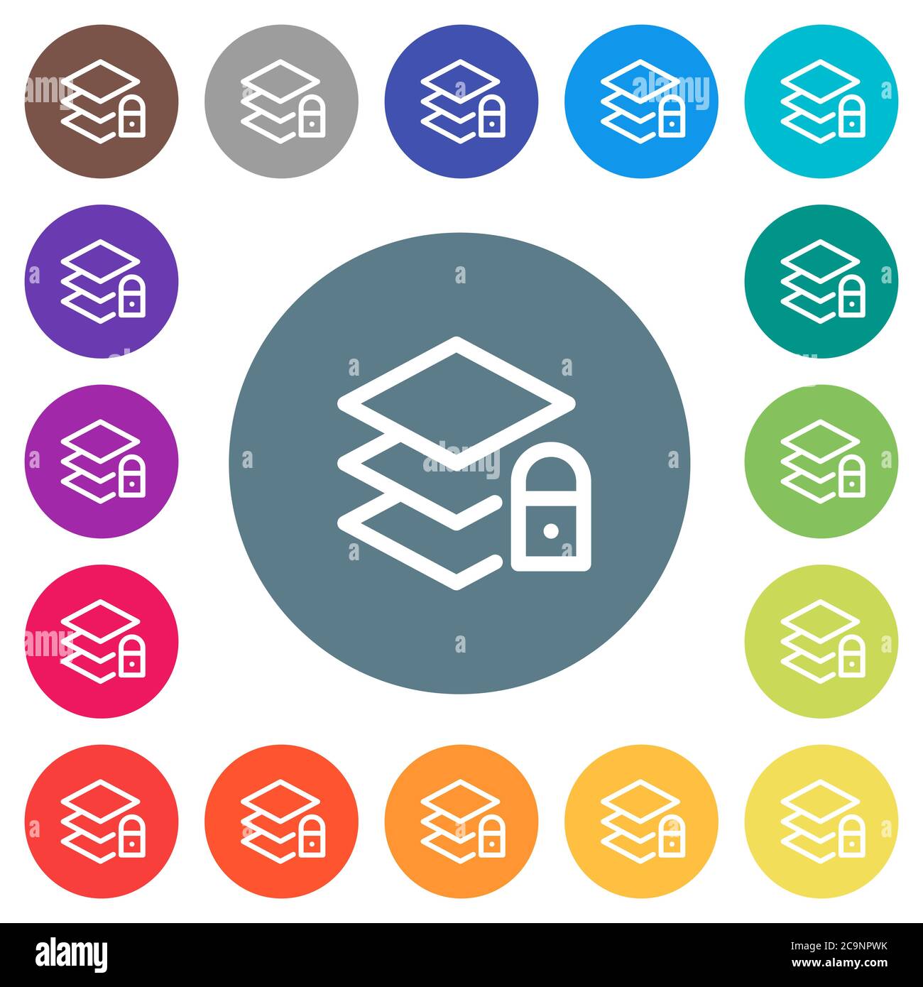 Locked layers flat white icons on round color backgrounds. 17 ...