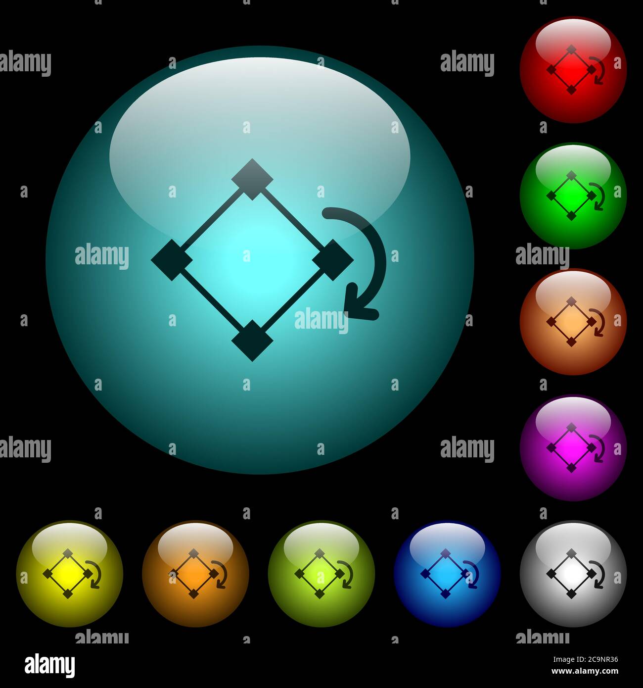Rotate element icons in color illuminated spherical glass buttons on ...