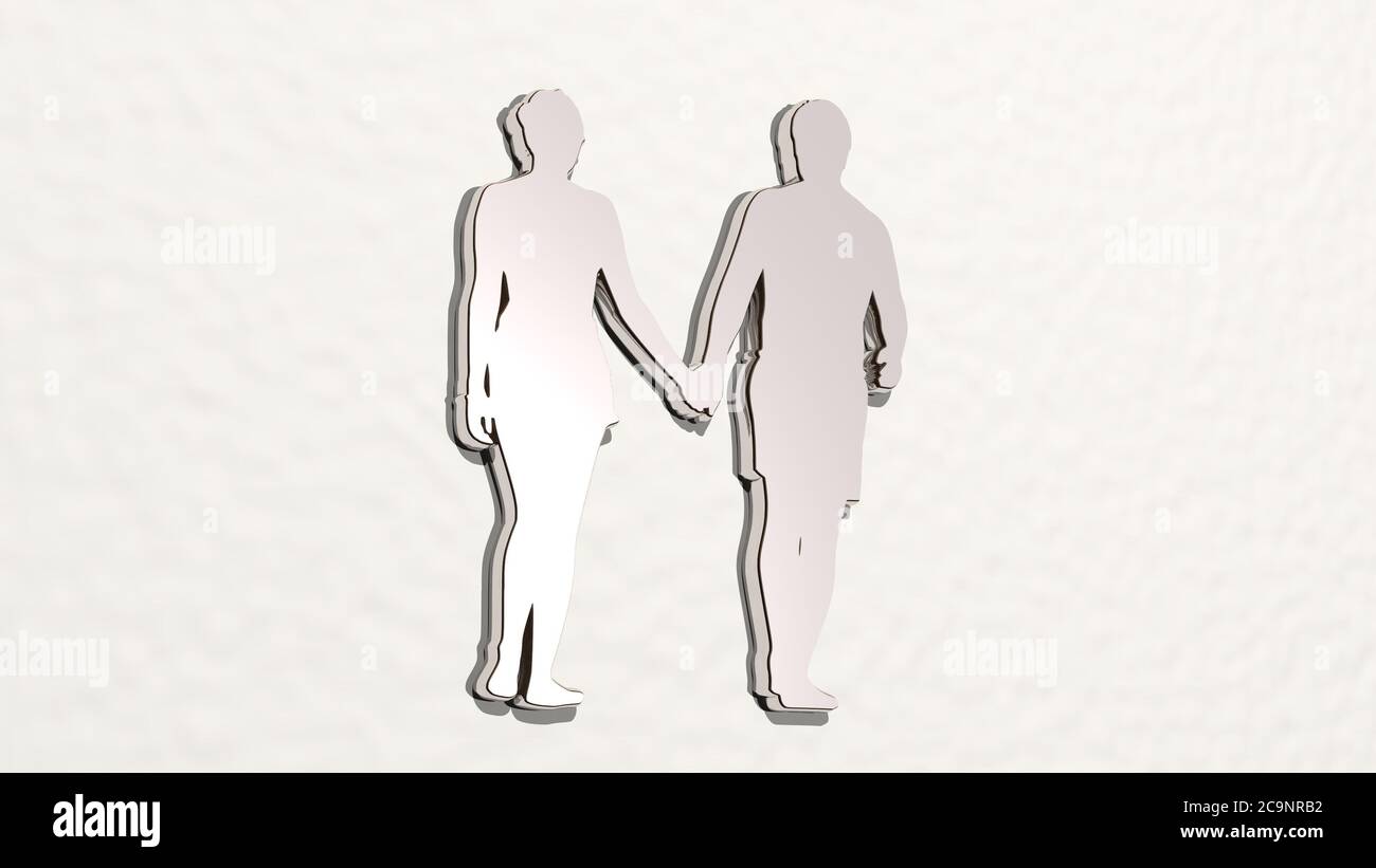 man and woman hand in hand made by 3D illustration of a shiny metallic ...