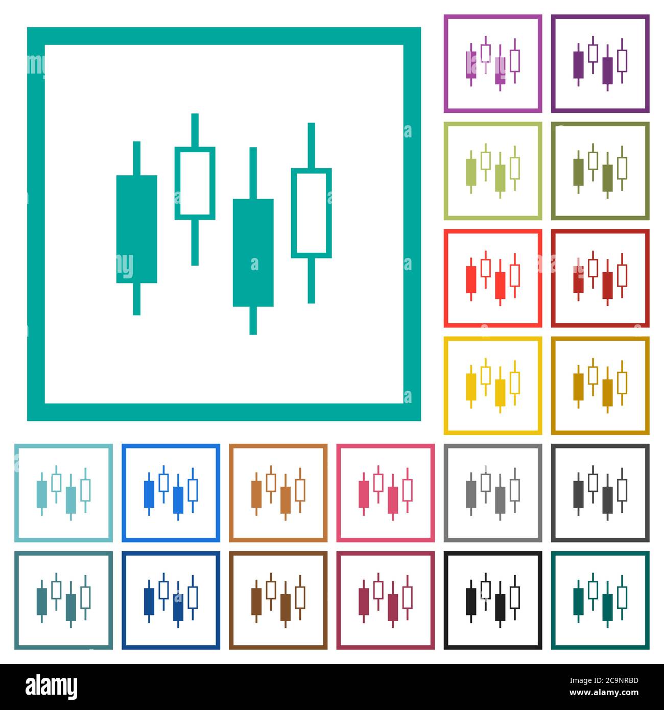 Candlestick chart flat color icons with quadrant frames on white background Stock Vector