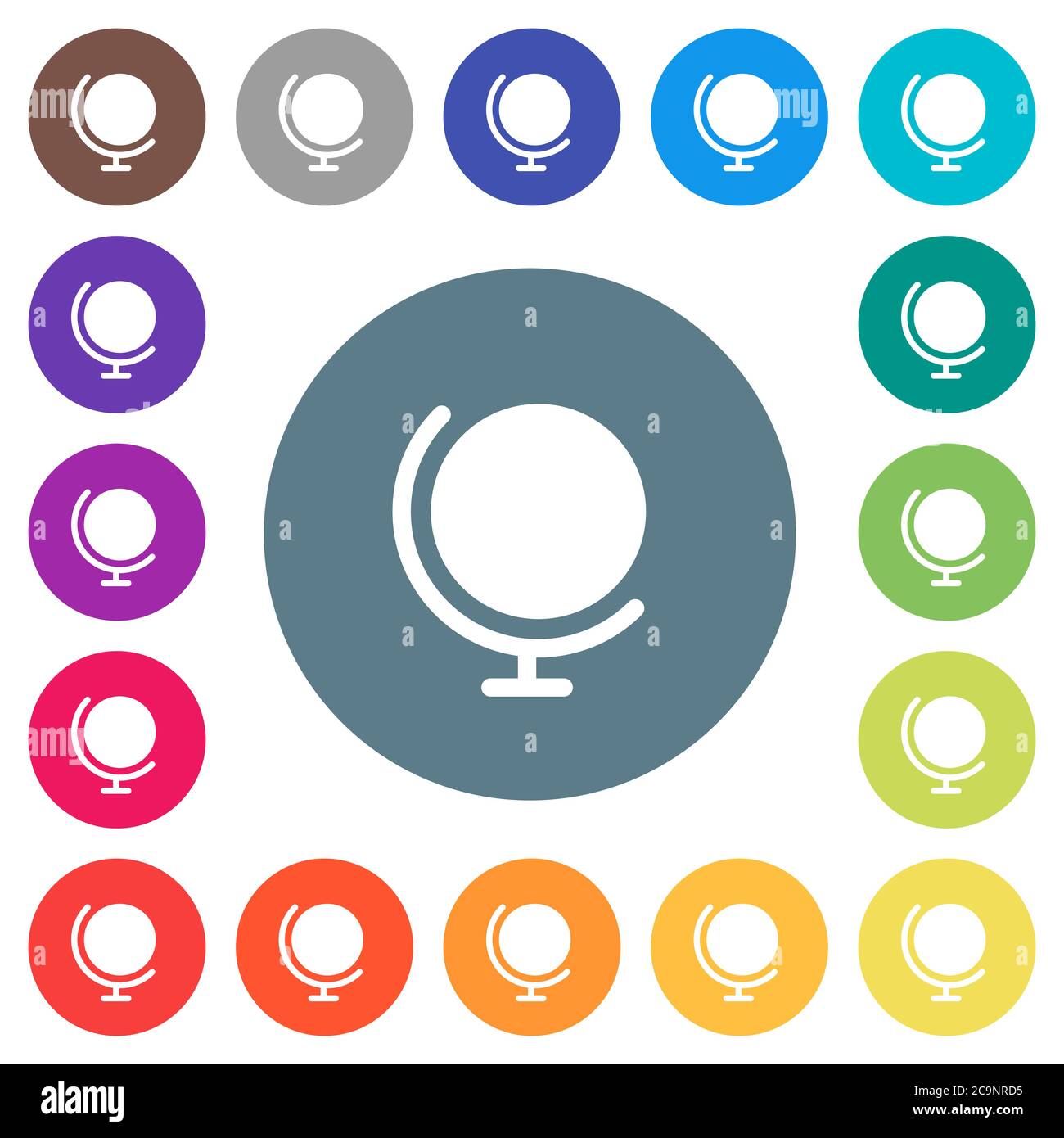 Globe with stand flat white icons on round color backgrounds. 17 ...
