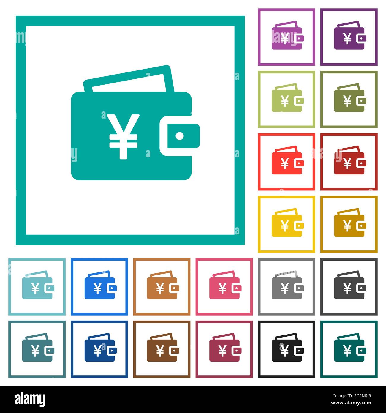Yen wallet flat color icons with quadrant frames on white background ...