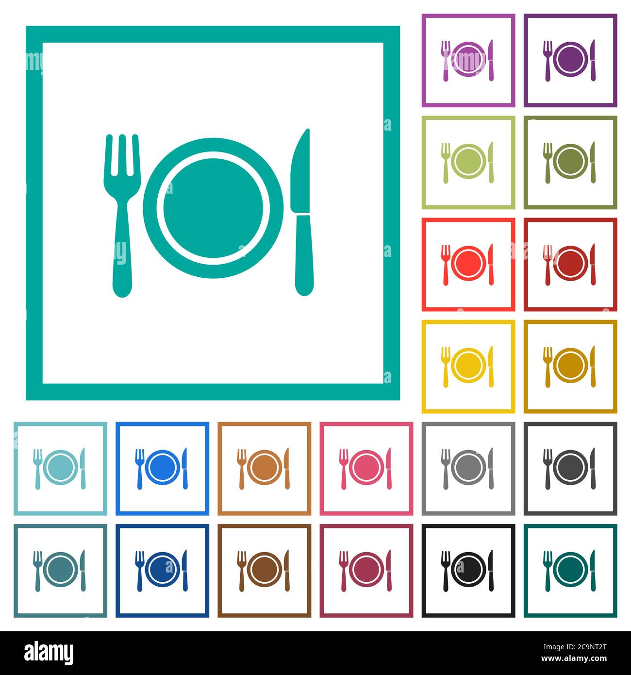 Dinner flat color icons with quadrant frames on white background Stock Vector