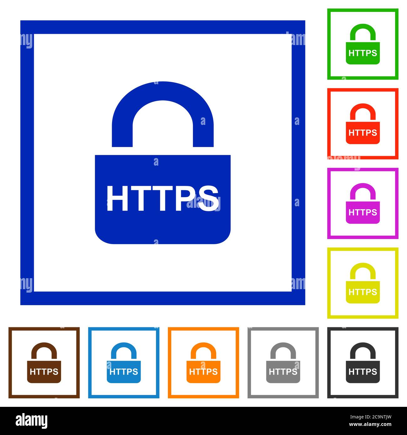 Secure https protocol flat color icons in square frames on white background Stock Vector