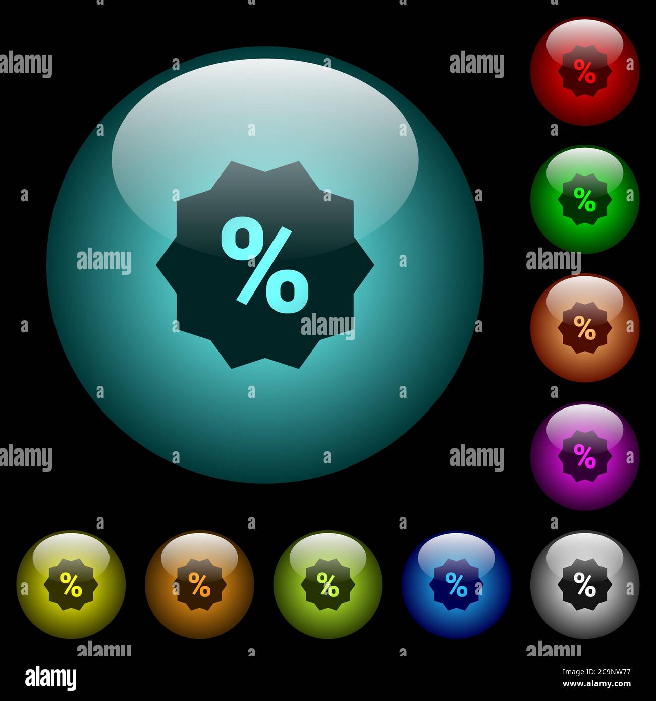 Discount sticker icons in color illuminated spherical glass buttons on ...