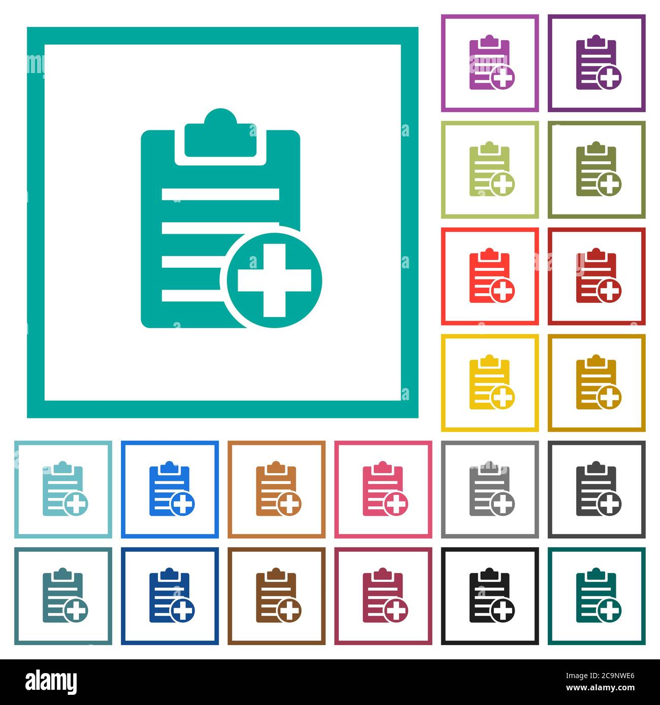 Add new note flat color icons with quadrant frames on white background Stock Vector