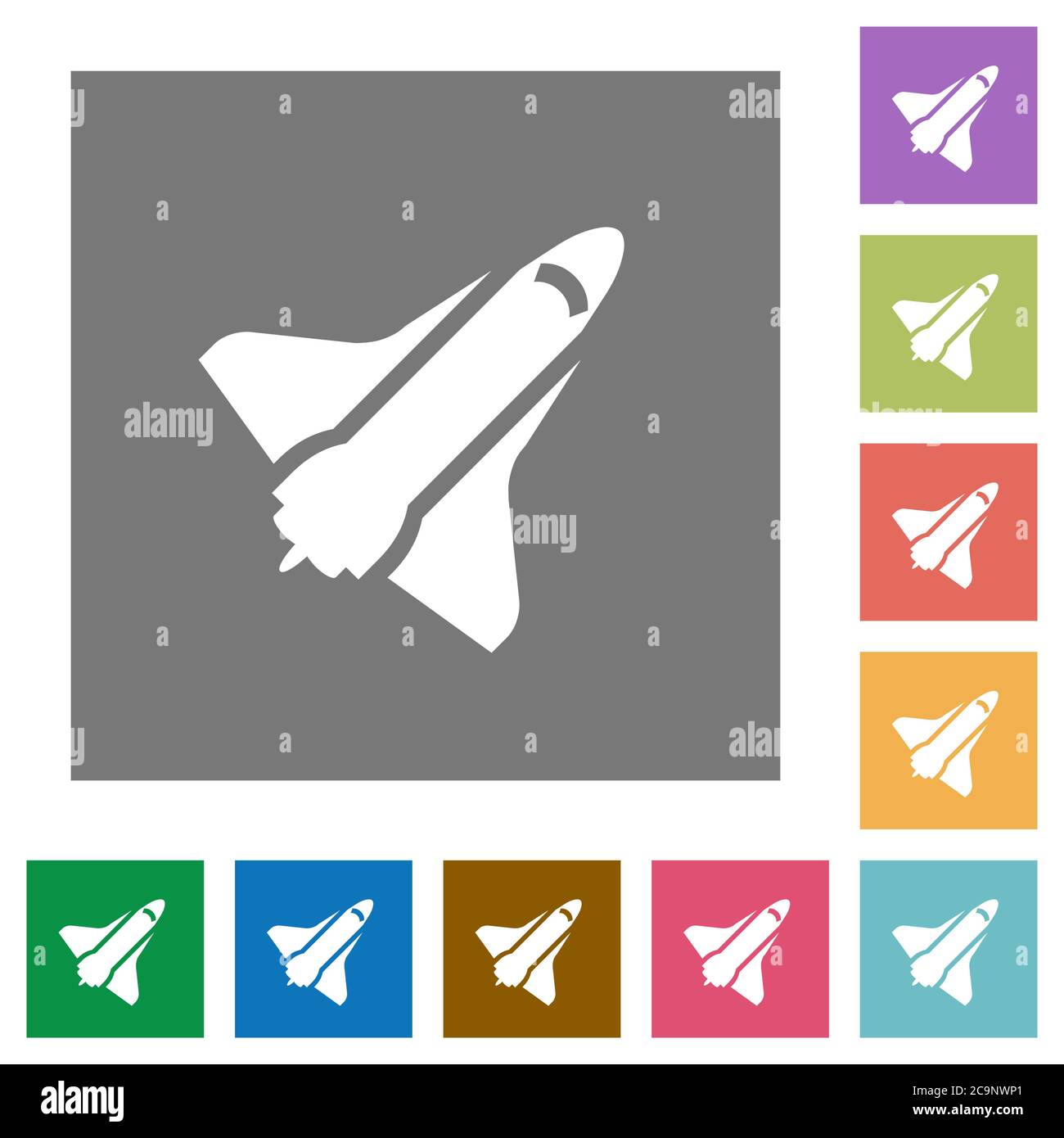 Space shuttle flat icons on simple color square backgrounds Stock Vector