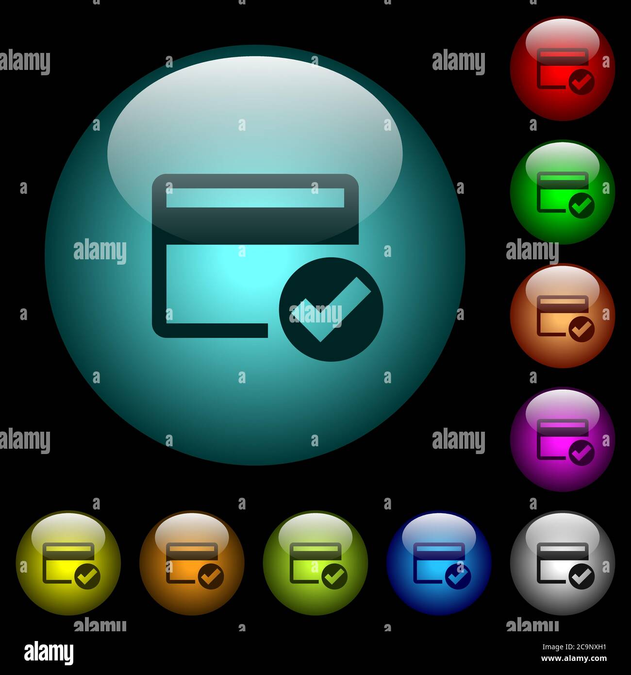 Credit card verified icons in color illuminated spherical glass buttons ...