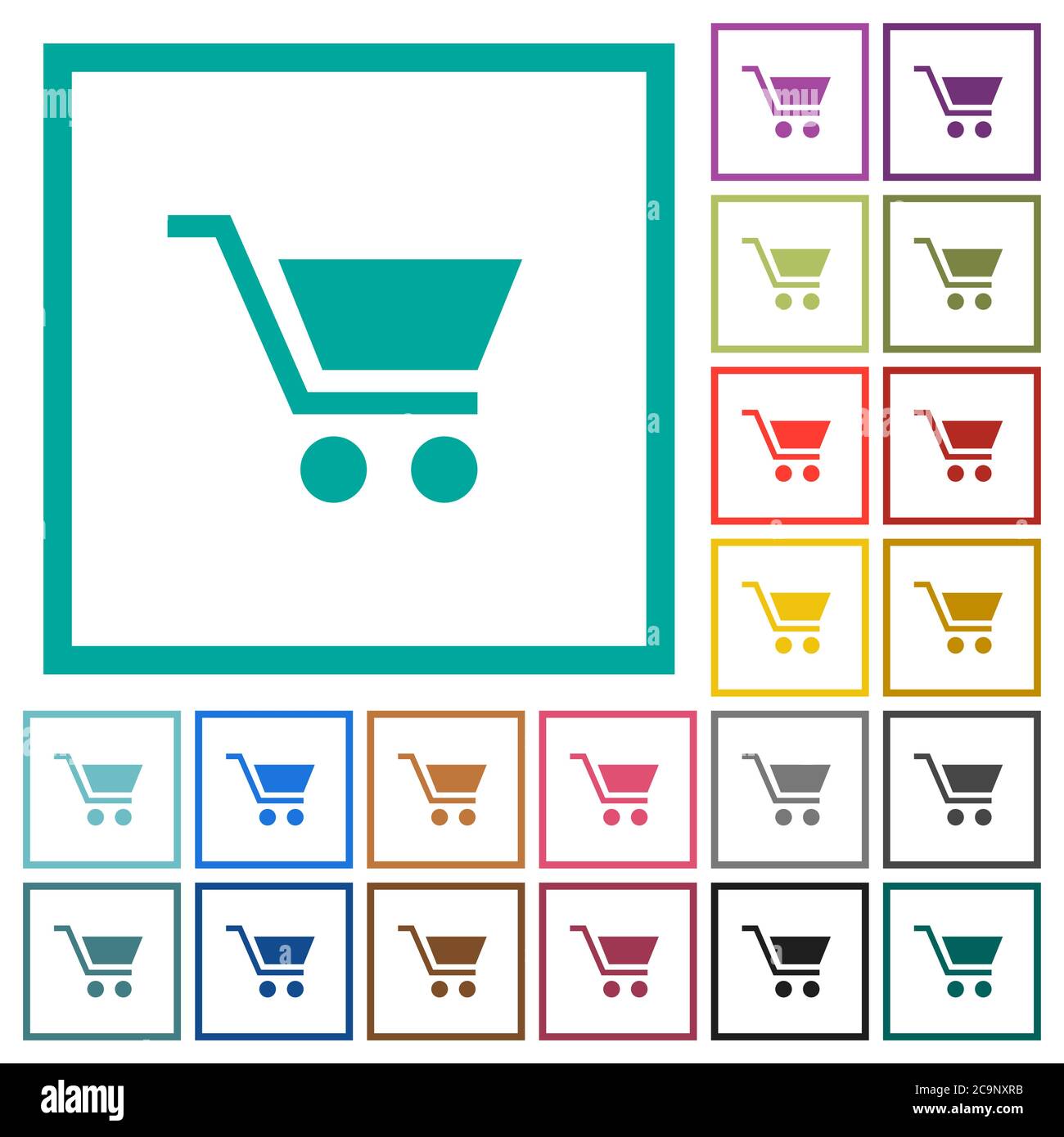Empty shopping cart flat color icons with quadrant frames on white background Stock Vector
