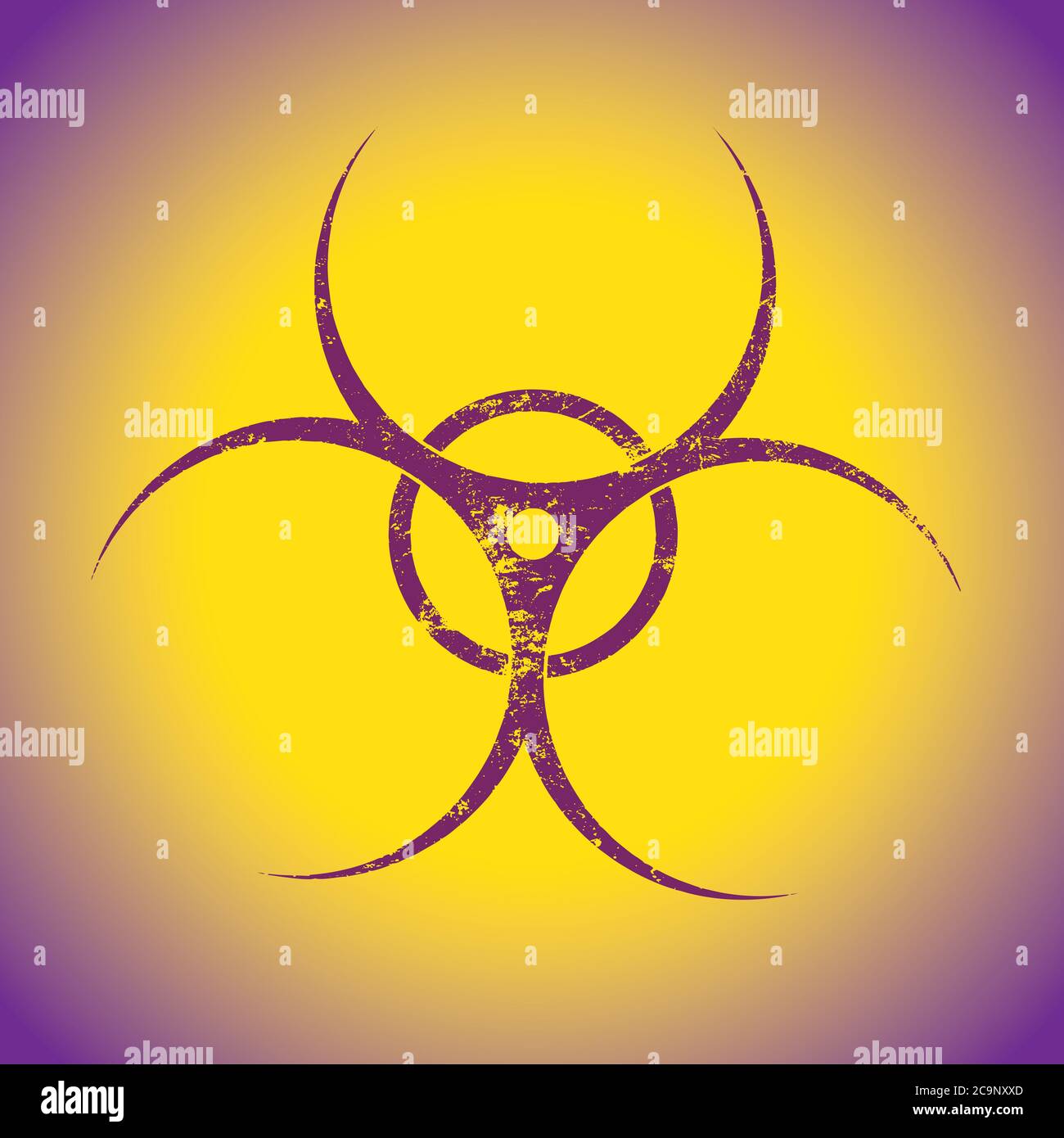 Vector illustration of grunge purple biohazard warning sign painted over yellow background with copy space Stock Photo