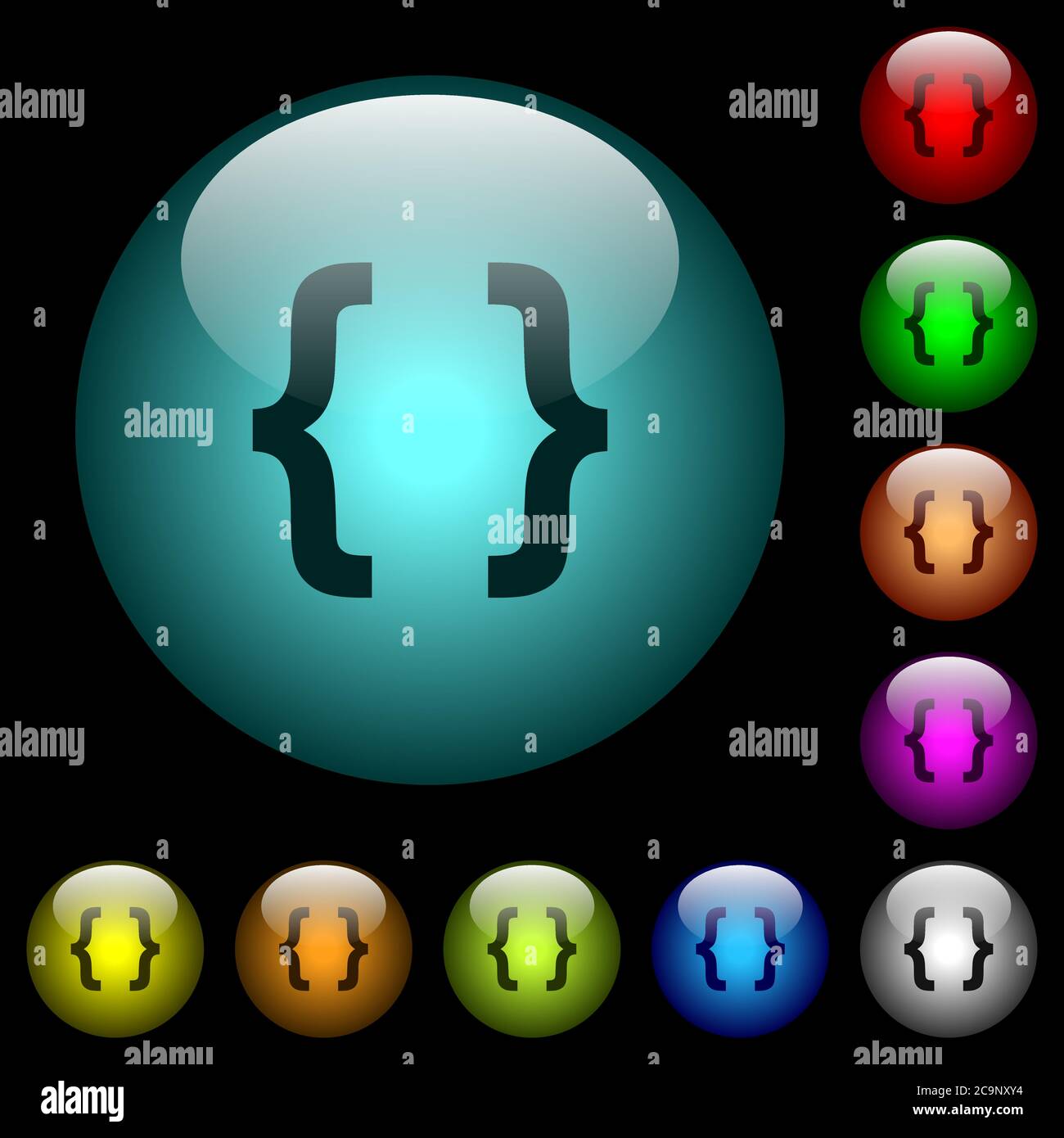 Programming code icons in color illuminated spherical glass buttons on ...