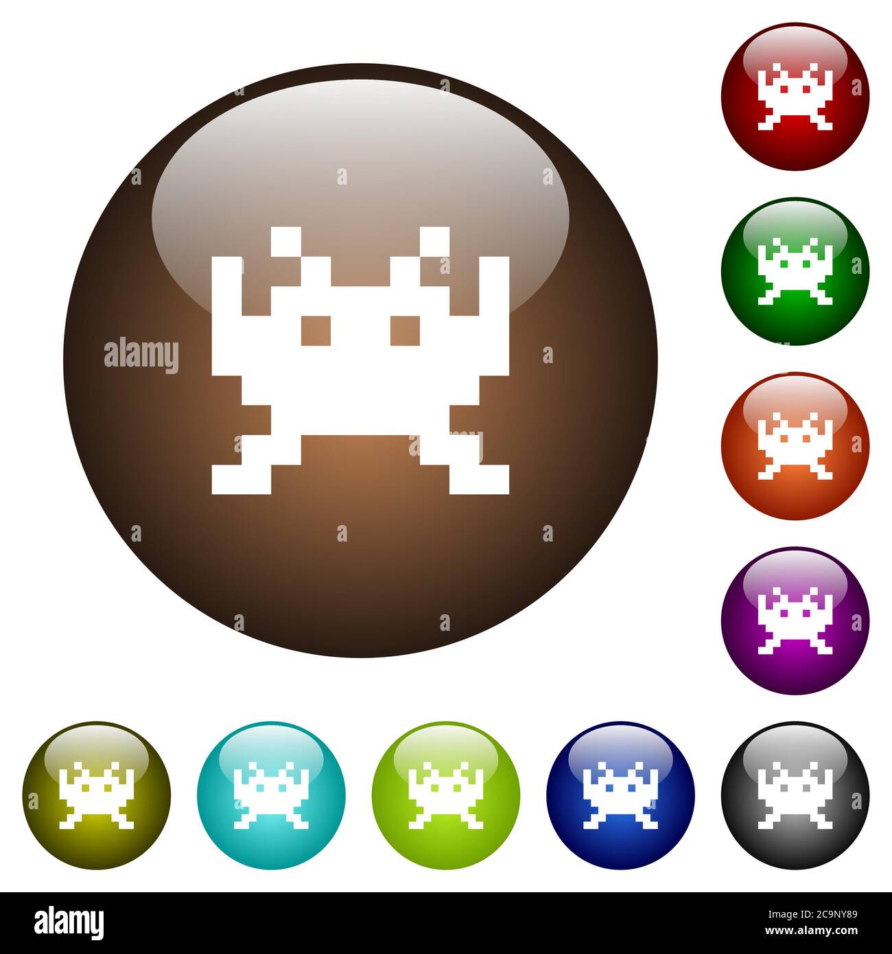 Video game white icons on round color glass buttons Stock Vector