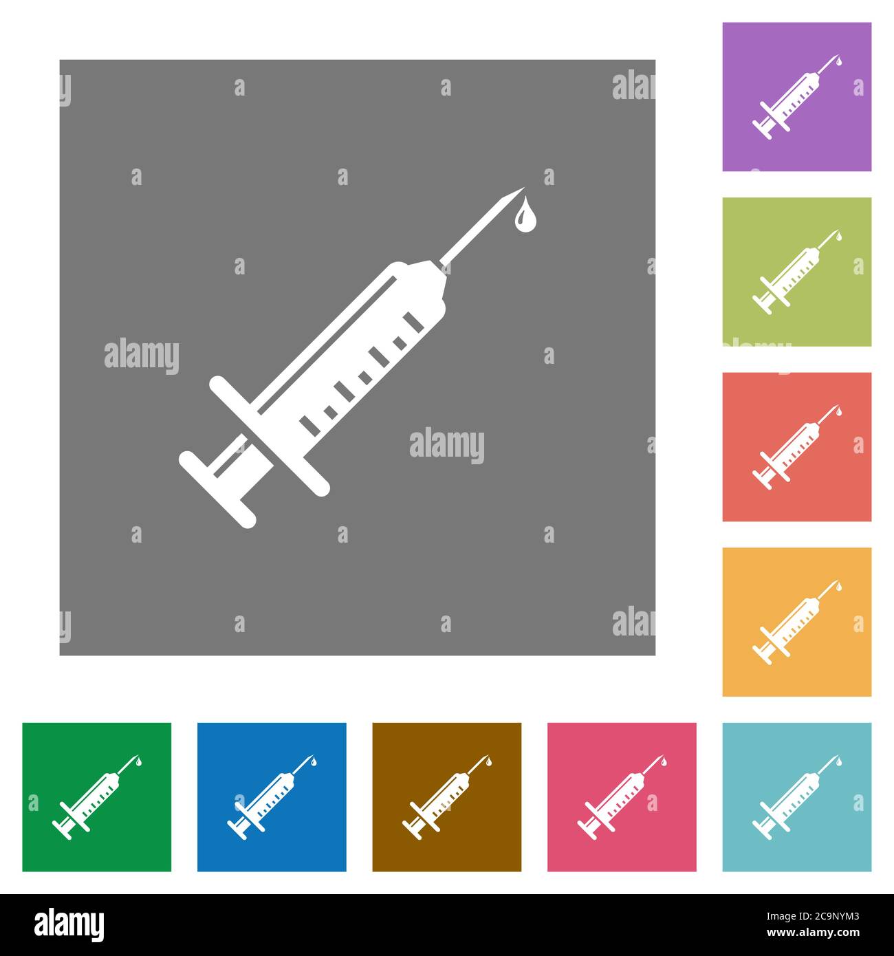 Syringe with drop flat icons on simple color square backgrounds Stock Vector