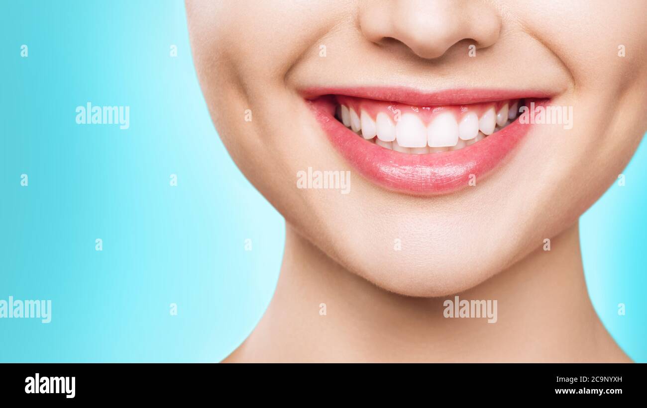 closeup of smile with white healthy teeth. Stock Photo