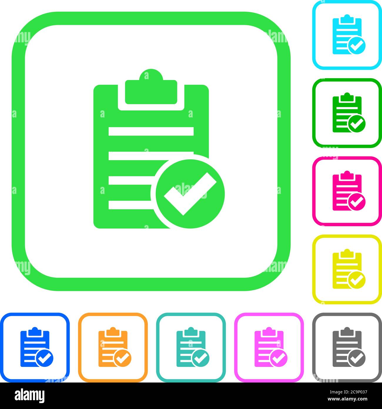 Note done vivid colored flat icons in curved borders on white background Stock Vector