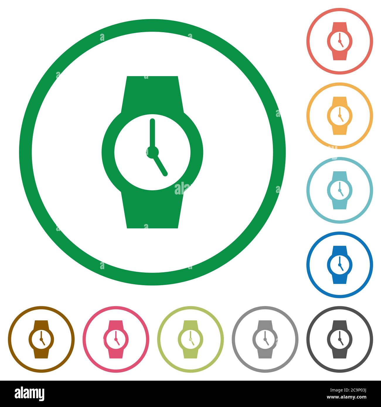 Watch flat color icons in round outlines on white background Stock Vector