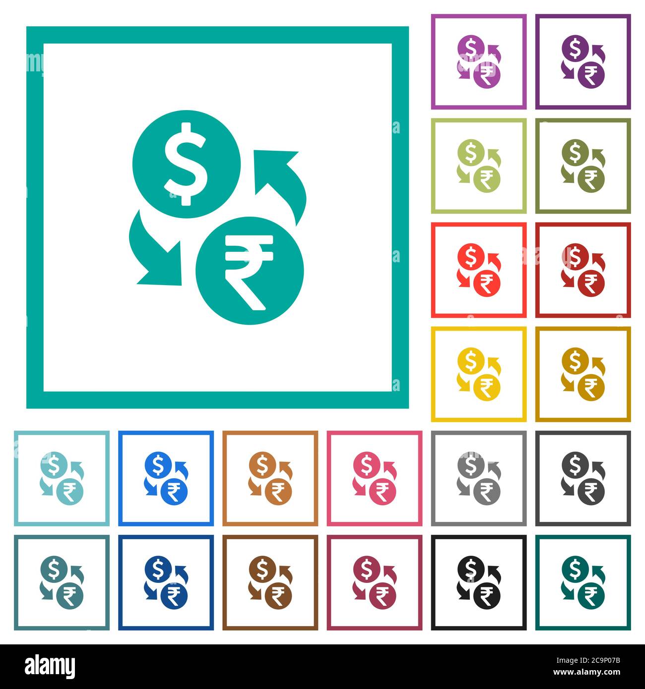 Dollar Rupee money exchange flat color icons with quadrant frames on ...