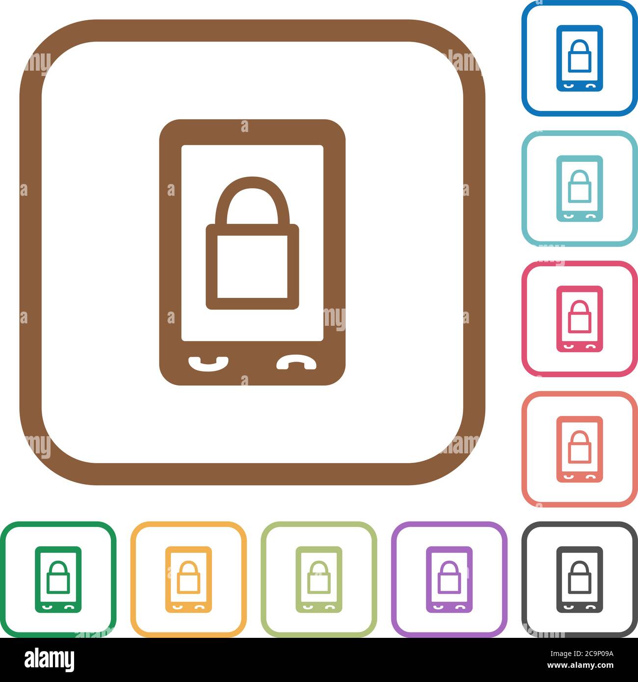 Lock mobile simple icons in color rounded square frames on white background Stock Vector