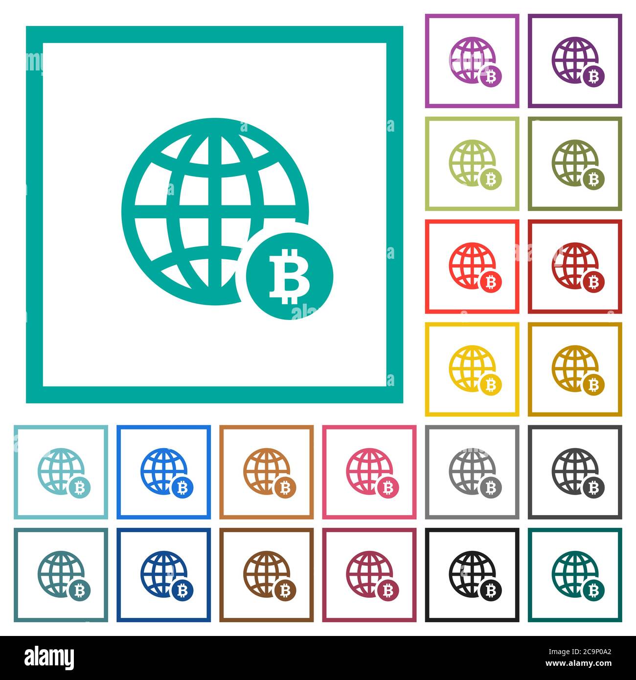 Online Bitcoin payment flat color icons with quadrant frames on white background Stock Vector