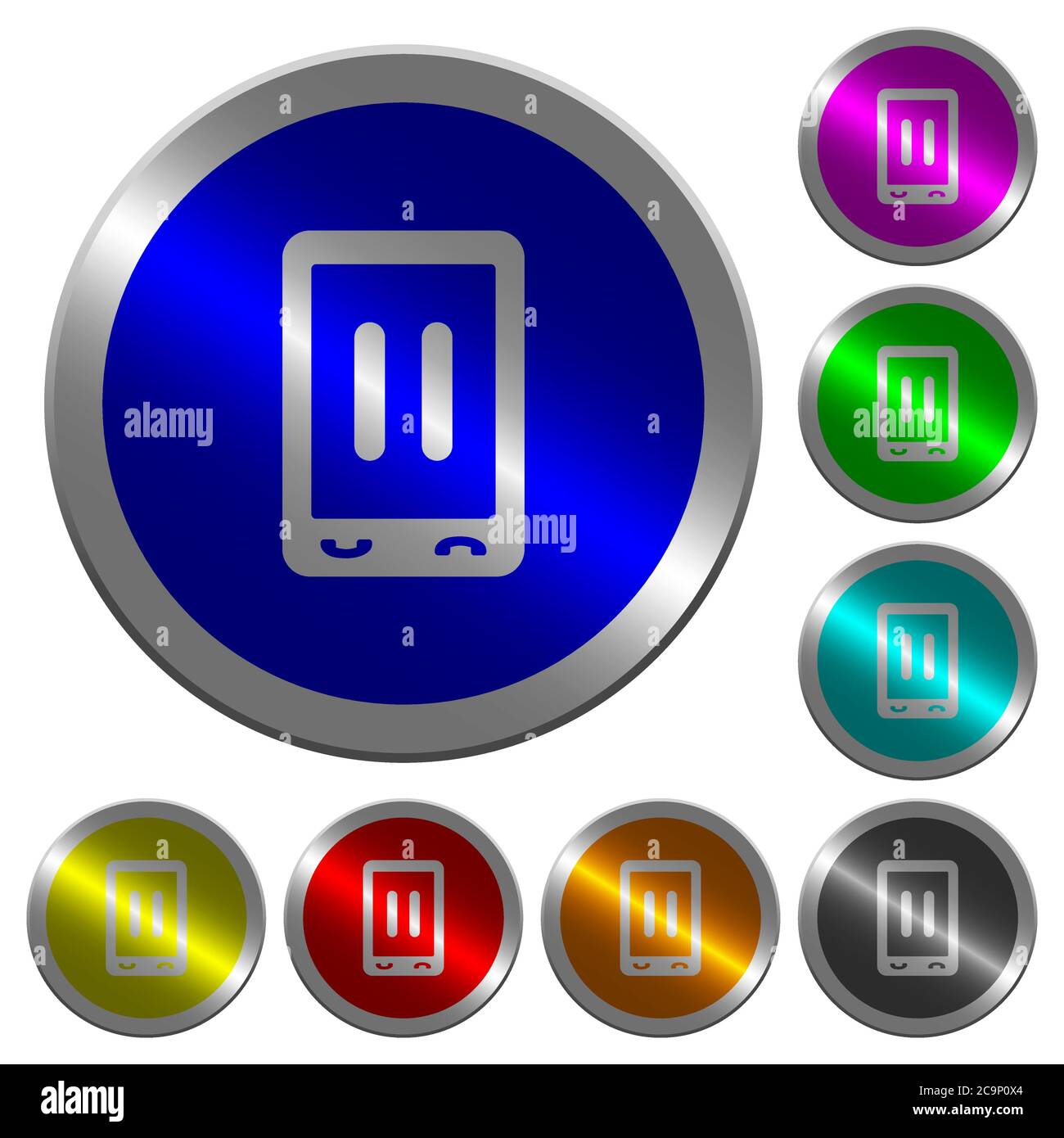 Mobile media pause icons on round luminous coin-like color steel buttons Stock Vector
