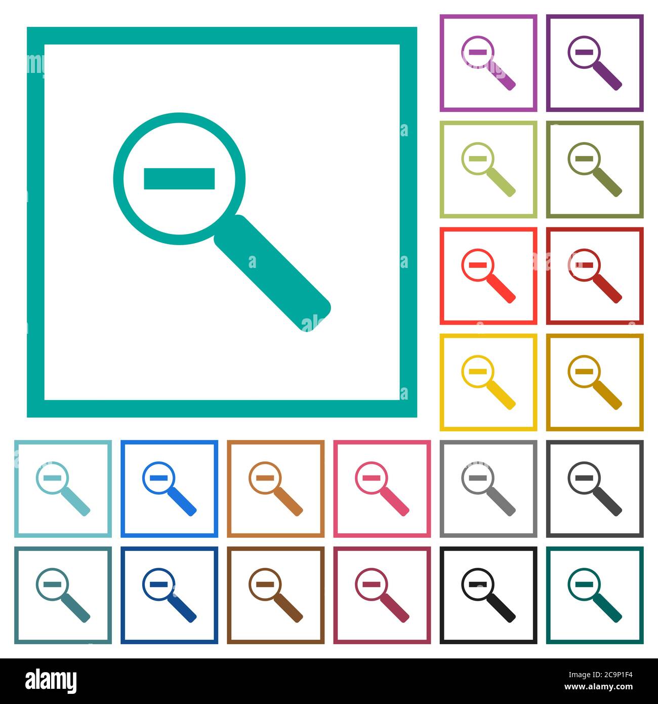 Zoom out flat color icons with quadrant frames on white background ...