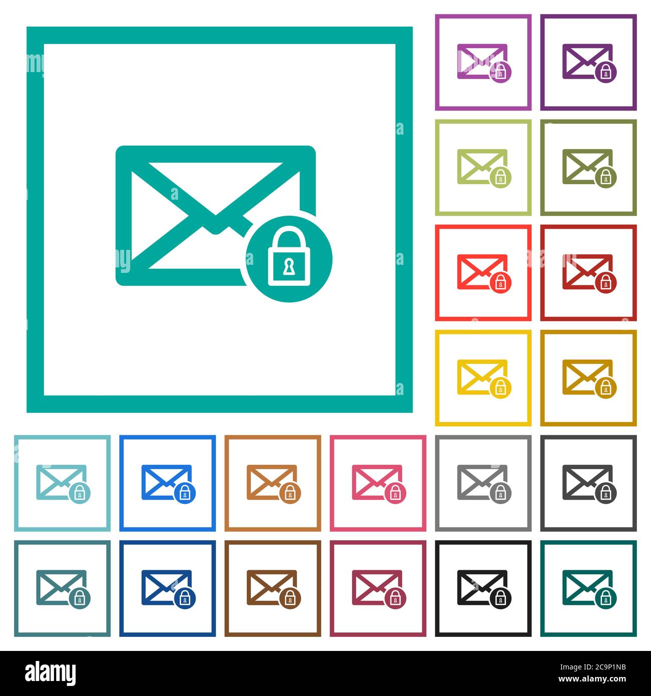 Lock mail flat color icons with quadrant frames on white background Stock Vector