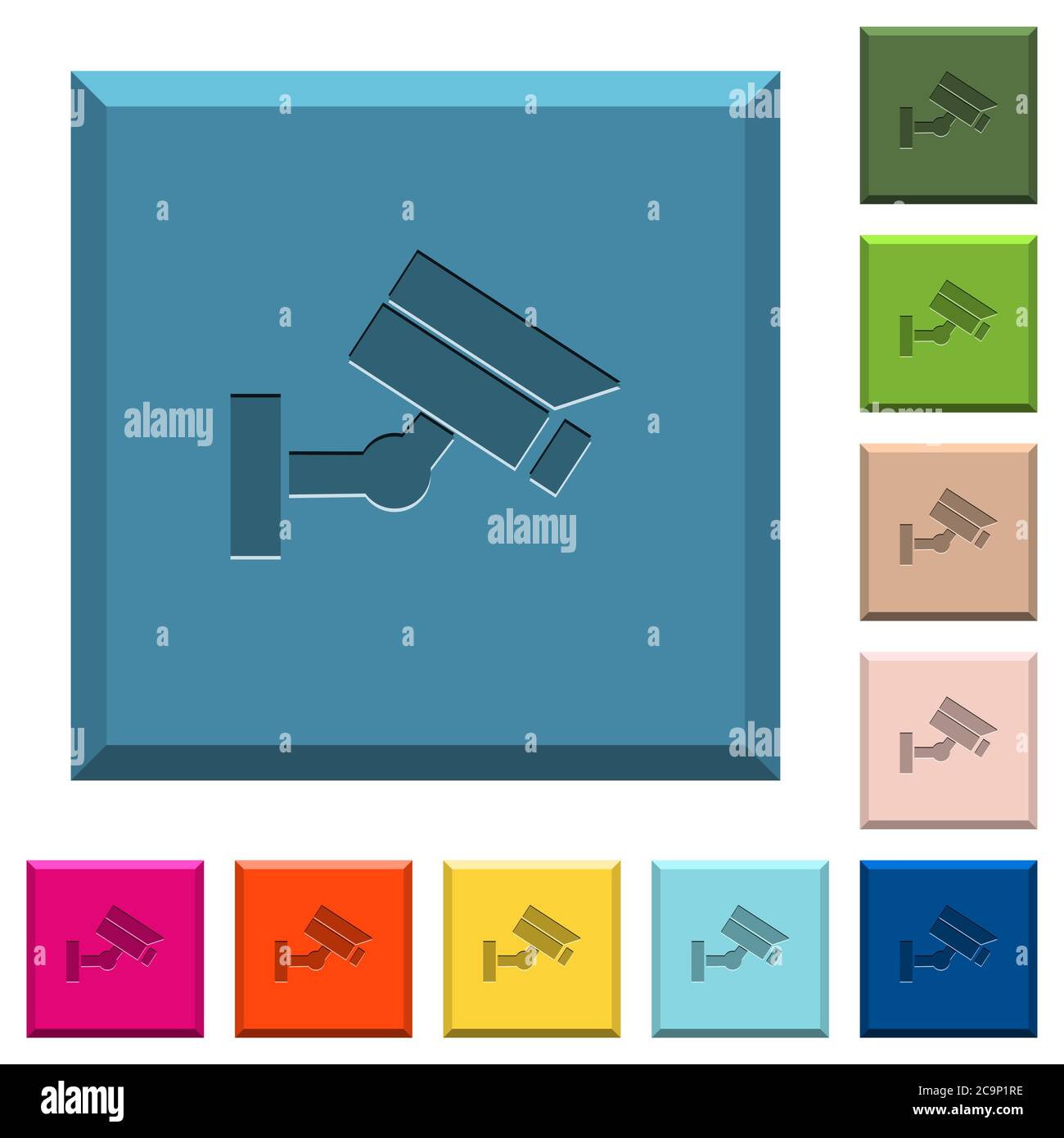 Security camera engraved icons on edged square buttons in various