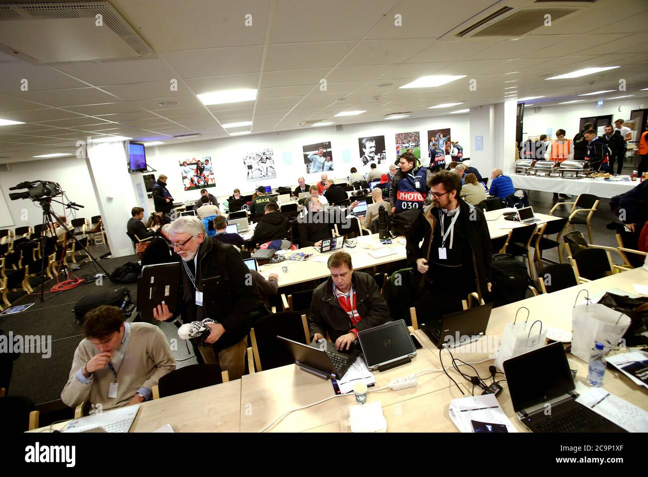 Malmö, Sweden 2014-11-26 The press room after the match in the Champions League between Malmö FF-Juventus at Malmö Stadium. Photo Jeppe Gustafsson Stock Photo