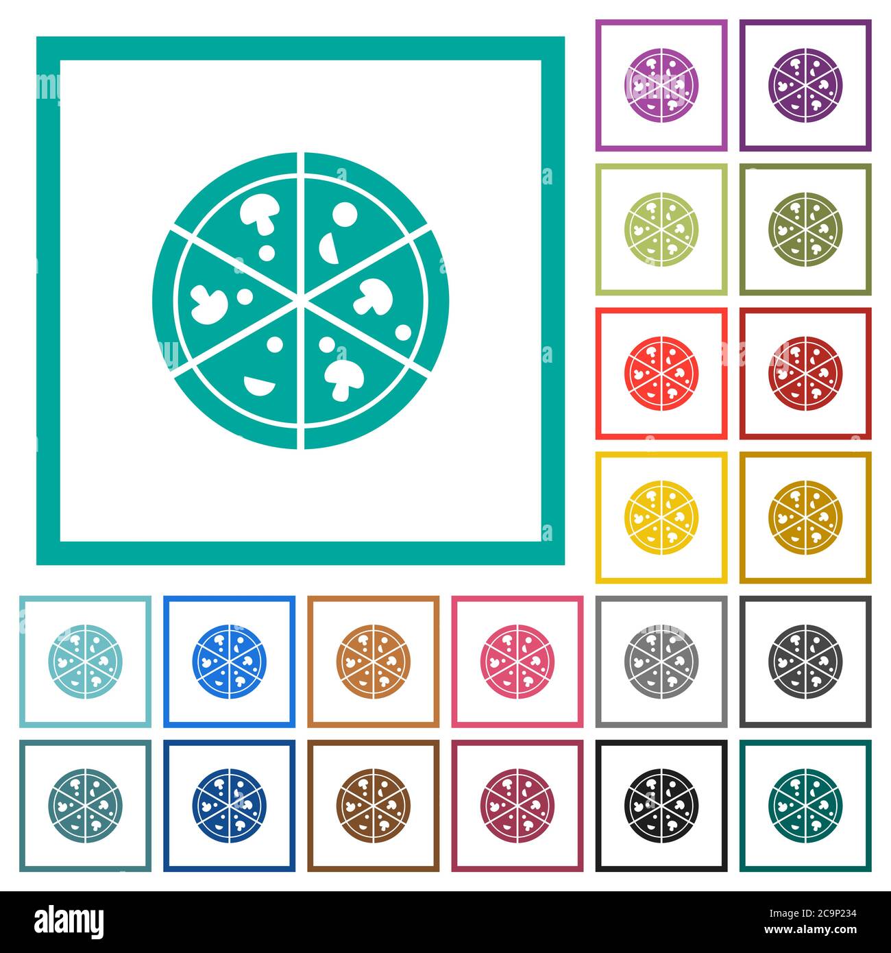 Pizza flat color icons with quadrant frames on white background Stock Vector