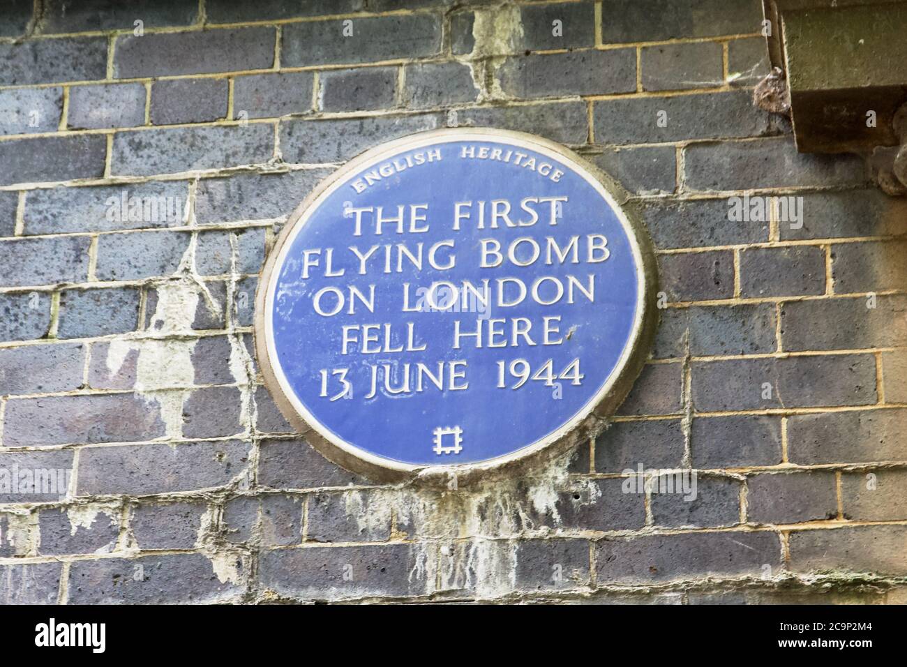 Blue Plaque in Mile End, London, marking the first flying bomb on London during World War 2 Stock Photo