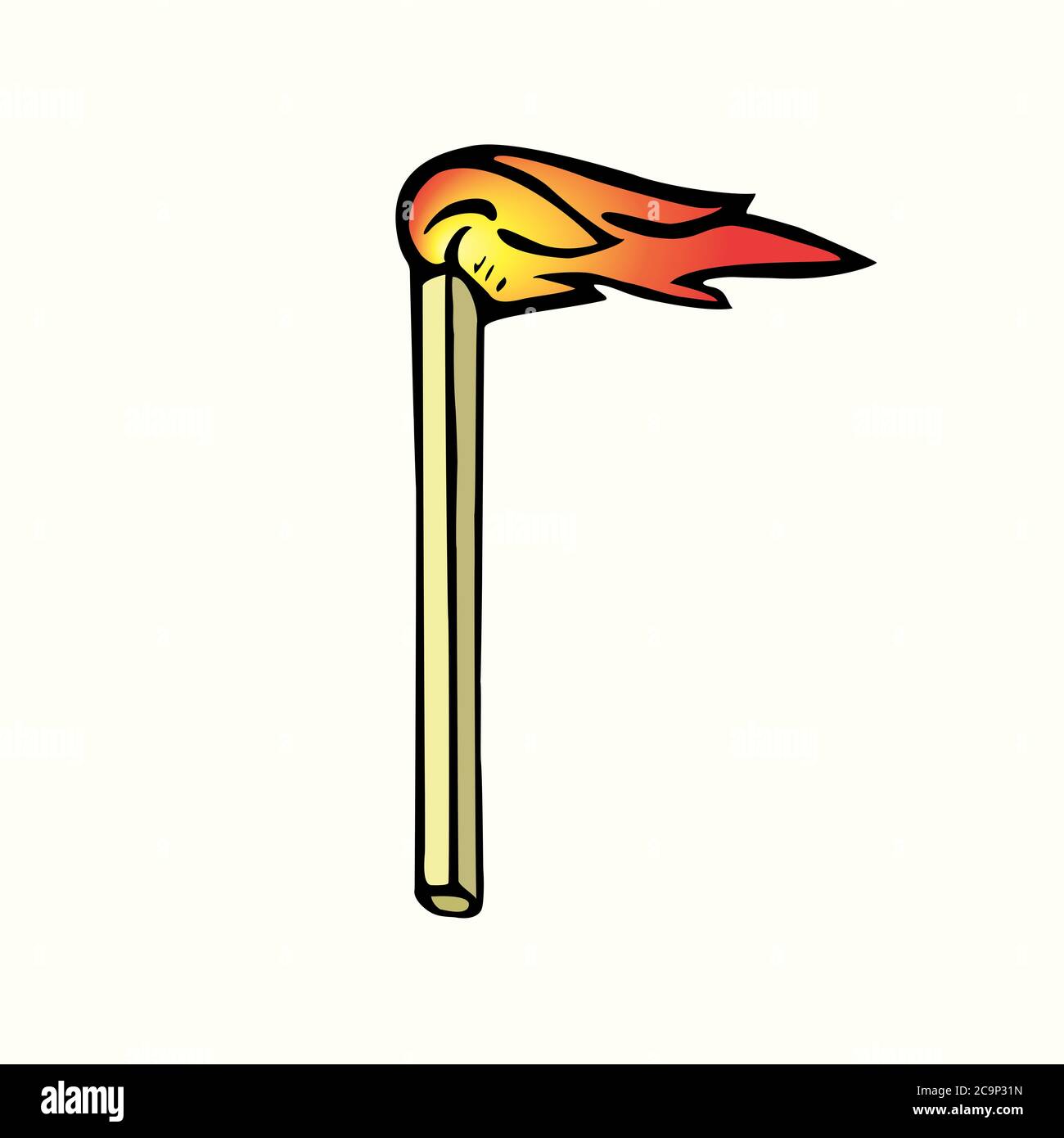 Burning match, hand drawn doodle, simple line drawing with bright color, sketch illustration