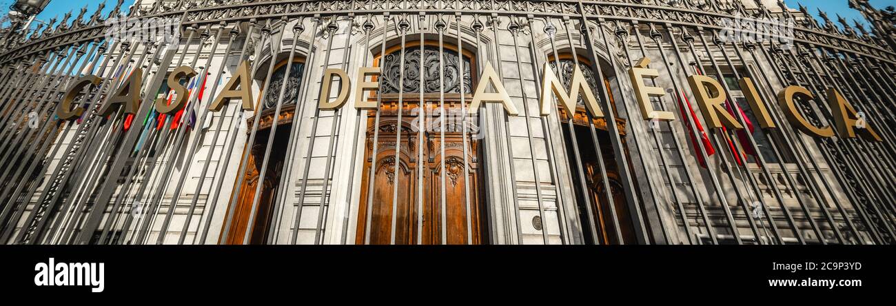 Casa de America writing in Plaza de Cibeles. Madrid, Spain Stock Photo